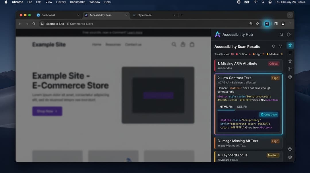 A11yEngine Chrome Extension side panel mockup showing accessibility scan results